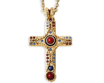 Jackie Kennedy Gold Cross Necklace Jasper Stones 2.25 Inch Pendant by Camrose Kross for Anniversary or Birthday Gift for Her - 547