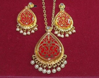 Jackie Kennedy Red and Gold Jewelry Set with Pin Pendant Necklace and Pierced Earrings by Camrose for Anniversary or Birthday Gift for Her