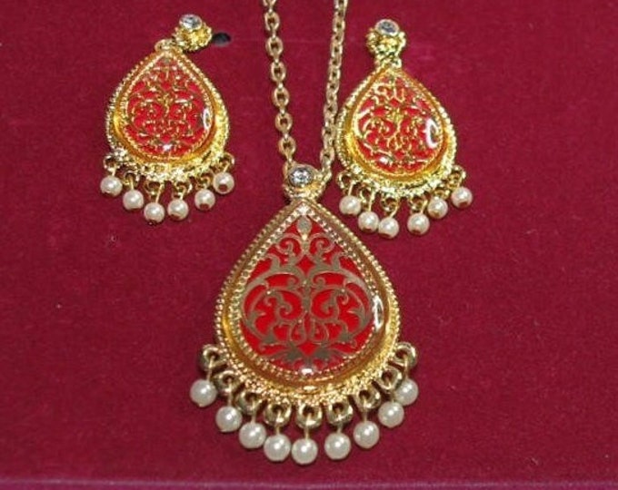 Jackie Kennedy JBK Moroccan Jewelry Set in Red Enamel and Gold with Pin Pendant and Pierced Earrings by Camrose and Kross for Gift for Her