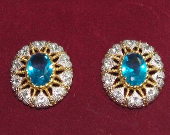 Jackie Kennedy Aqua Blue and Gold Clip On Earrings with Crystals by Camrose and Kross for Wedding Anniversary or Birthday Gift for Her - 509