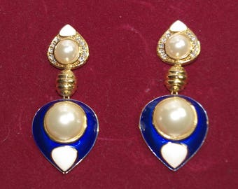 Jackie Kennedy Blue and White Clip On Earrings  Gold with Pearls by Camrose Kross for Wedding Anniversary or June Birthday Gift for Her - 16