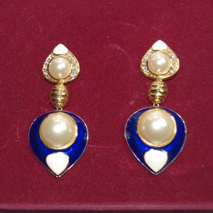 JBK Blue and White Pearl Earrings Jacqueline Kennedy Blue and White Dangle Earrings by Camrose Kross Gift for Her Birthday - 16b