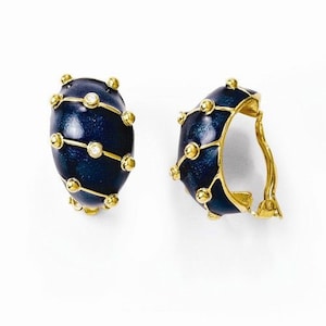 JBK Jackie Kennedy Blue Enamel Clip-on Earrings: Camrose & Kross Gold-Plated