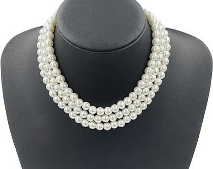 JBK Pearl Necklace Triple Strand Short Length with Silver Clasp Jackie Kennedy Style, June Birthstone