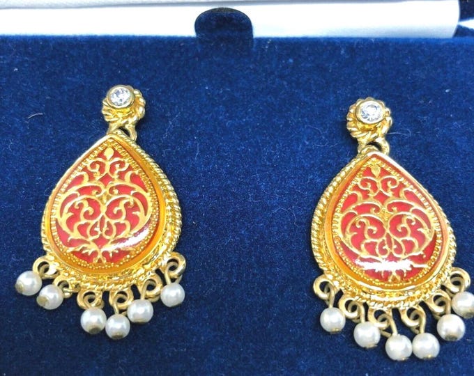 Jackie Kennedy Red Dangle Earrings JBK Gold and Red Pierced Earrings by Camrose Kross Gift for Her Anniversary or Birthday - 494