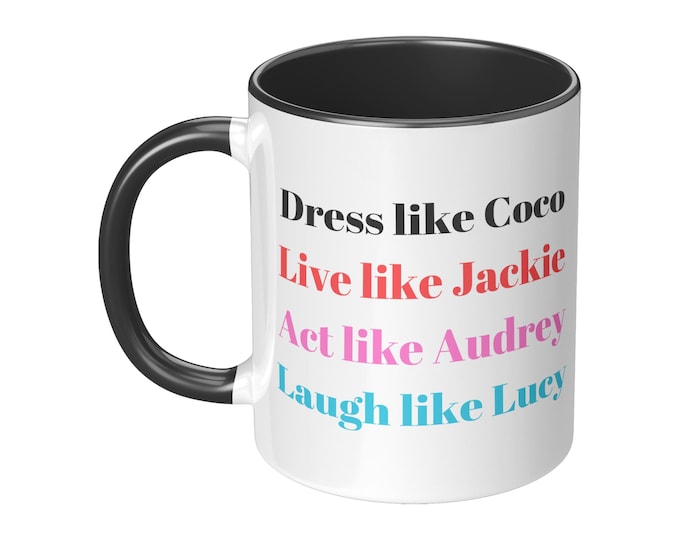 LIVE LIKE JACKIE Black Accent Mug 11oz Ceramic Coffee Cup Birthday Gift for Women Who Love Fashion and Coffee or Gift for Jackie Kennedy Fan