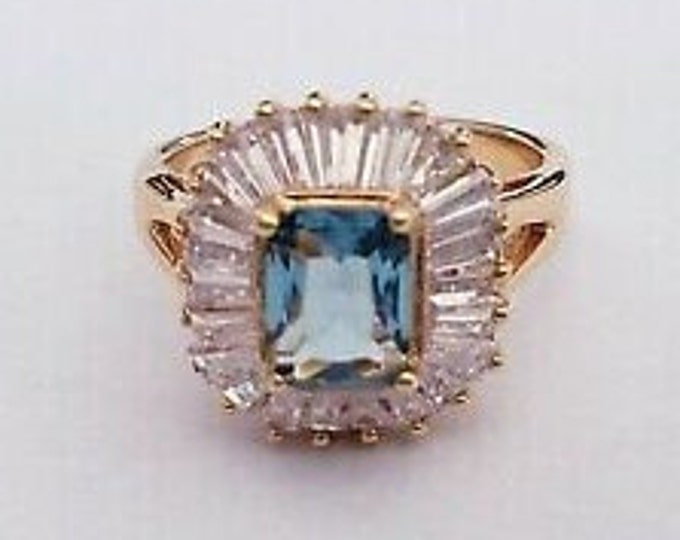 Jackie Kennedy Blue and Gold Ring Aquamarine and Clear Stones by Camrose Kross for Wedding Anniversary or March Birthday Gift for Her