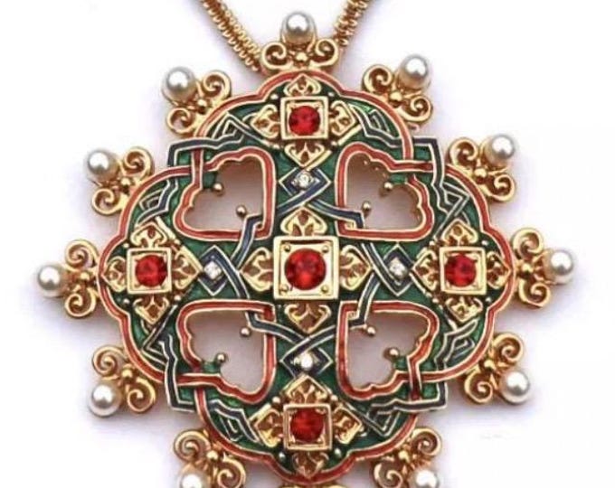 Jackie Kennedy Gold Necklace with Red and Green Enamel JBK Pendant Necklace by Camrose Kross Gift for Her Anniversary or Birthday - 199