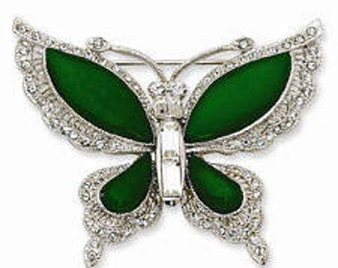Jackie Kennedy Butterfly Brooch - JBK Silver Pin with Green and Clear Stones - 46