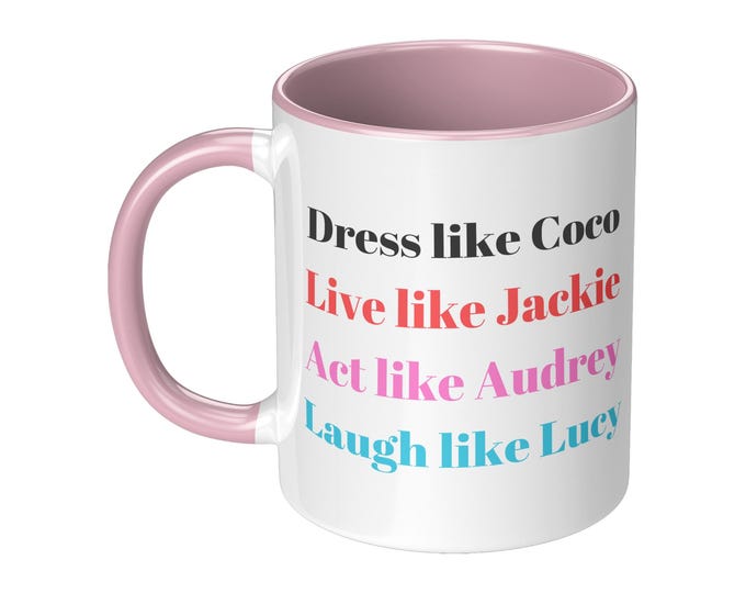 LIVE LIKE JACKIE Pink Accent Mug 11 oz Ceramic Coffee Cup Birthday Gift for Women Who Love Fashion and Coffee or Gift for Jackie Kennedy Fan
