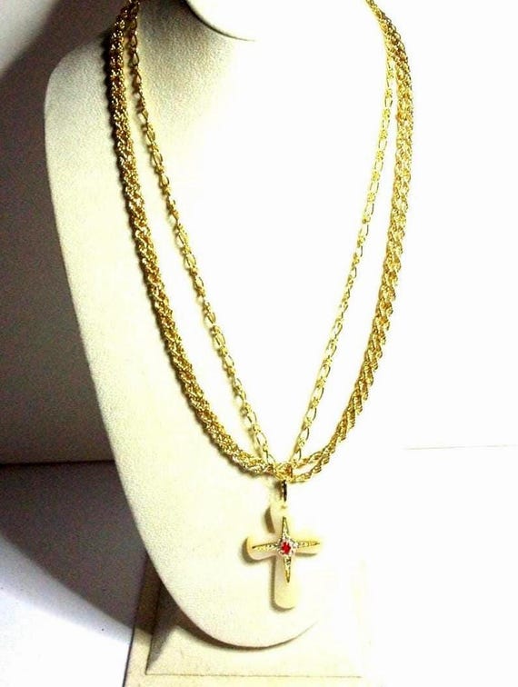 Long Gold Chain Necklace With White Agate Cross Pendant From JBK