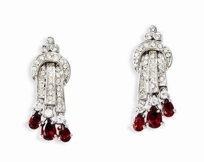 Jackie Kennedy Silver and Crystal Pierced Earrings with Red Accents by Camrose and  Kross for Anniversary or Birthday Gift for Her - 41