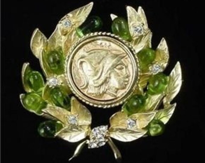 RARE Jackie Kennedy Gold Greek Coin Brooch with Green Stones by Camrose and Kross for Anniversary or Birthday Gift for Her - 406