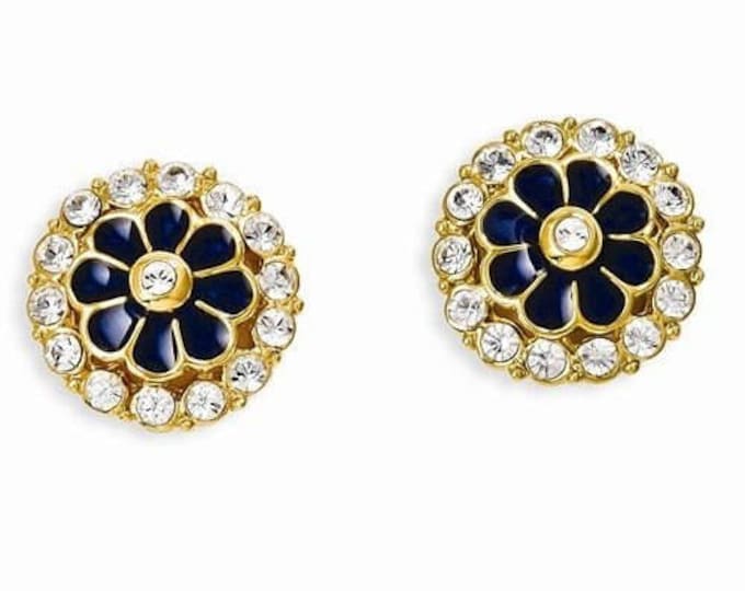 Jackie Kennedy Blue and Gold Pierced Earrings Round with Enameling and Crystals for Anniversary Gift or Birthday Gift for Her - 257