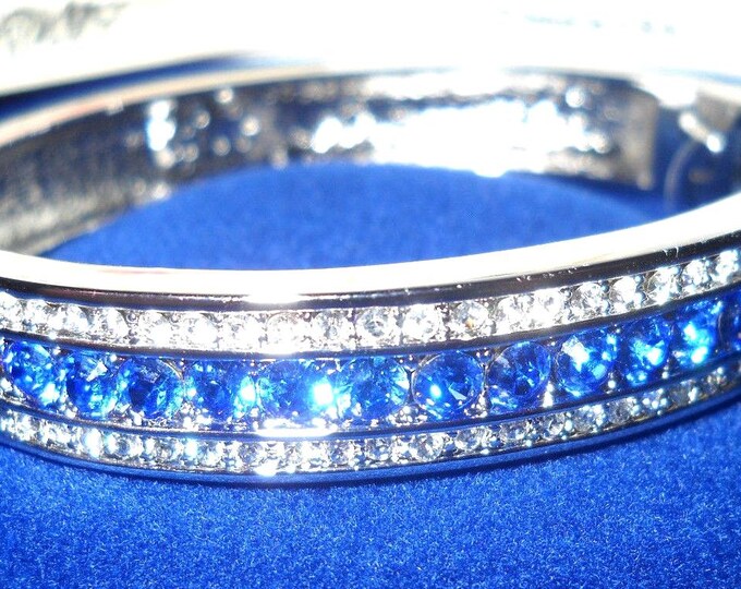 Jackie Kennedy Silver Bangle JBK Silver and Blue Hinged Bracelet with Clear Stones Size 7.5 Gift for Her Anniversary or Birthday - 126