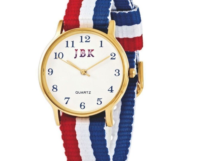 Jackie Kennedy Patriotic Gold Watch JBK Watch with Red White and Blue Cloth Band Birthday Gift for Her or Him  - RWB