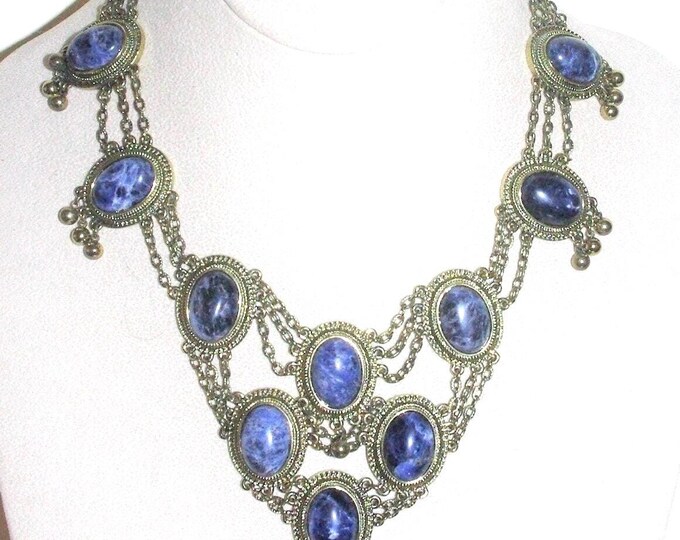Audrey Hepburn Necklace Blue with Antique Gold Bib Necklace by Camrose Kross Gift for Her Anniversary or Birthday Gift for Woman - AH110
