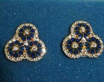 Jackie Kennedy Gold Pierced Earrings with Blue Enameling and Crystals for Anniversary Gift or Birthday Gift for Her - 605