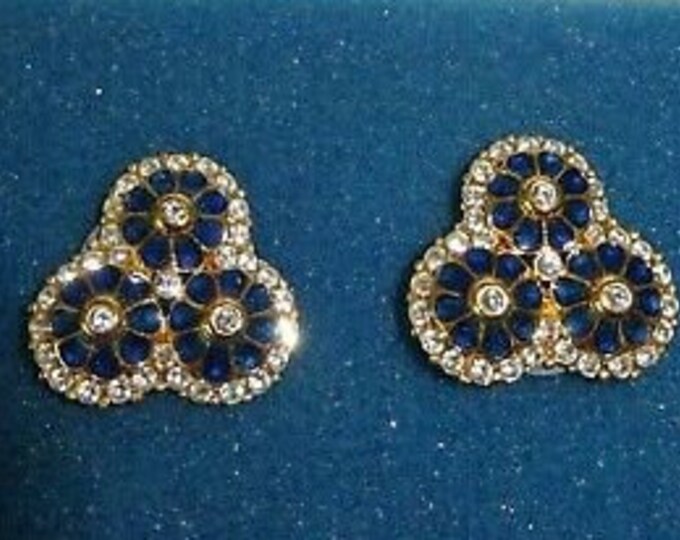 Jackie Kennedy Gold Pierced Earrings with Blue Enameling and Crystals for Anniversary Gift or Birthday Gift for Her - 605