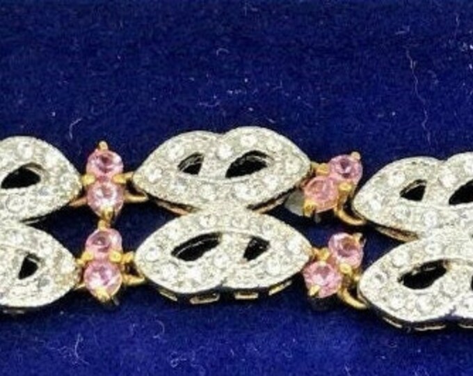 Jackie Kennedy Gold Bracelet with Pink and Clear Stones and Extender Link for Wedding Anniversary or Birthday Gift for Her 296