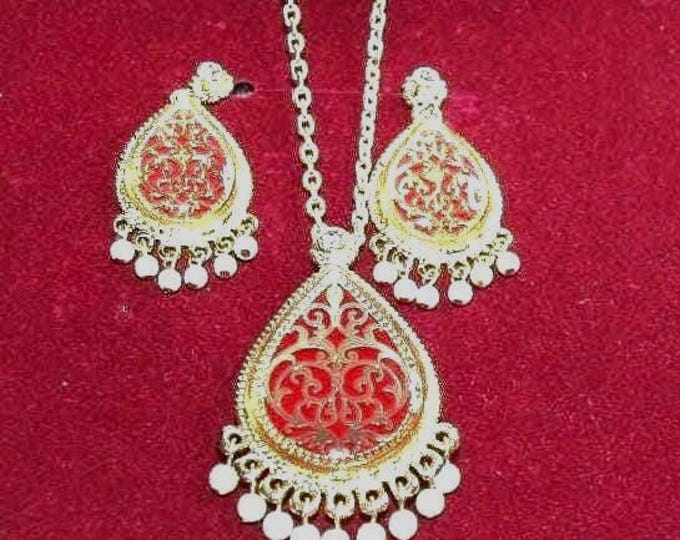 JBK Red Jewelry SET Jackie Kennedy Red and Gold Pin Pendant Necklace and Earrings Set by Camrose Kross Gift for Her Anniversary or Birthday