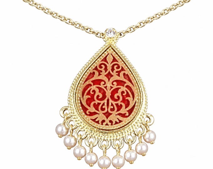 JBK Jewelry Teardrop Necklace with Pin-Pendant Red Enamel and Pearls Jackie  Kennedy Style by Camrose & Kross