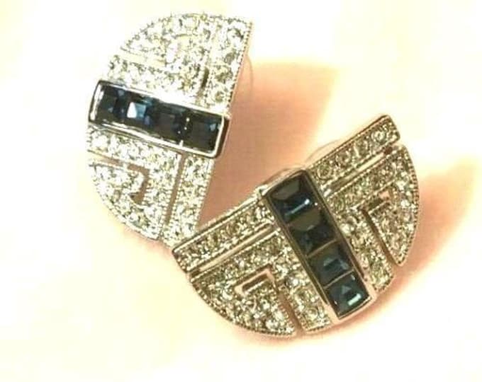 JBK Crystal Clipon Earrings Jackie Kennedy Silver Earrings with Blue and Clear Stones by Camrose Kross Gift for Anniversary or Birthday  423