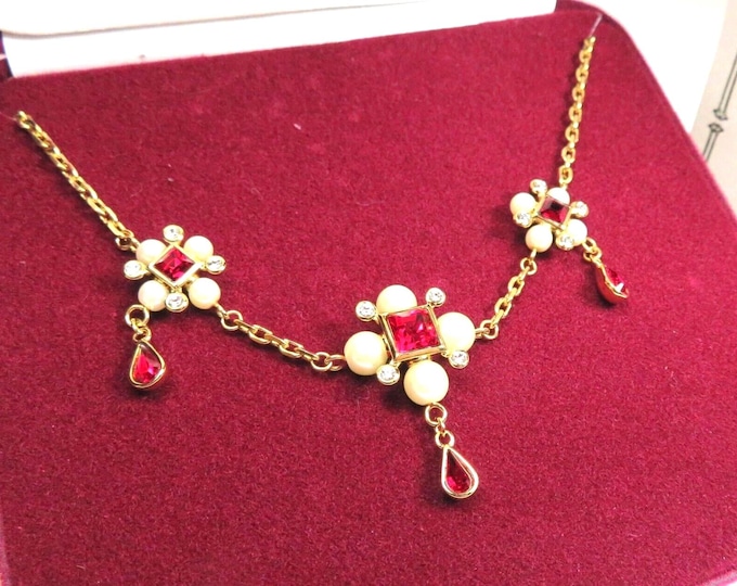 Jackie Kennedy Red and White Necklace JBK Gold and Red Necklace with Pearls by Camrose Kross Gift for Her Anniversary or Birthday  - 491