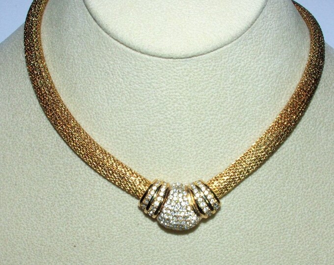 Christian Dior Necklace Gold Tone Mesh With Crystals Snap Closure S1868