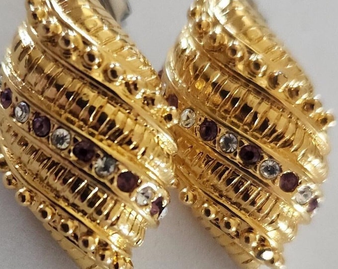 Jackie Kennedy Amethyst Clip On Earrings JBK Gold Clipon Earrings with Purple Stones by Camrose Gift for Her Birthday or Anniversary - 484b