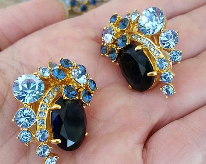 RARE Jackie Kennedy Habsburg Earrings - Gold Plated, Blue Stones - 408