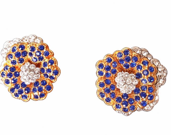 JBK Jewelry Flower Earrings with Blue and Clear Stones Jackie Kennedy Style by Camrose & Kross