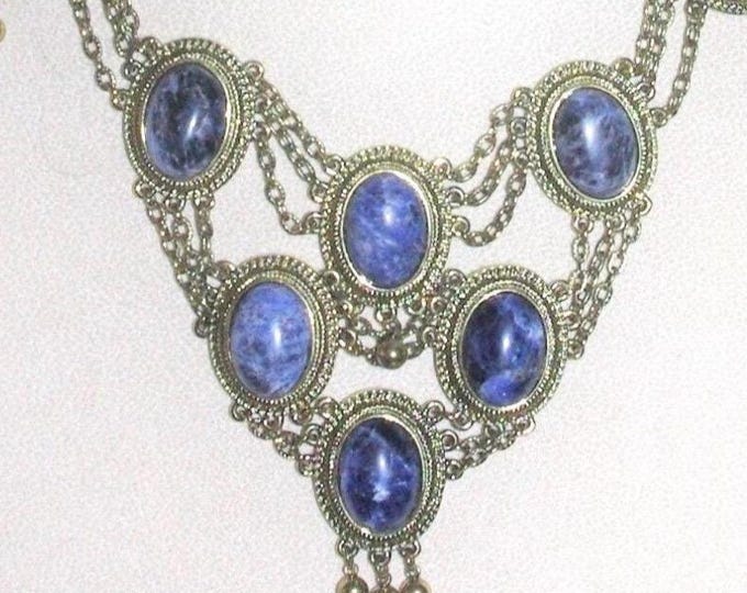 Audrey Hepburn Collection Bib Necklace: Blue Sodalite, Antique Gold Finish