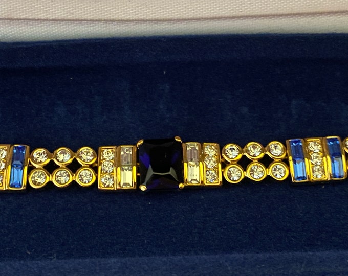 Jackie Kennedy Gold Bracelet with Blue and Clear Stones - Size 7-8 - No. 441