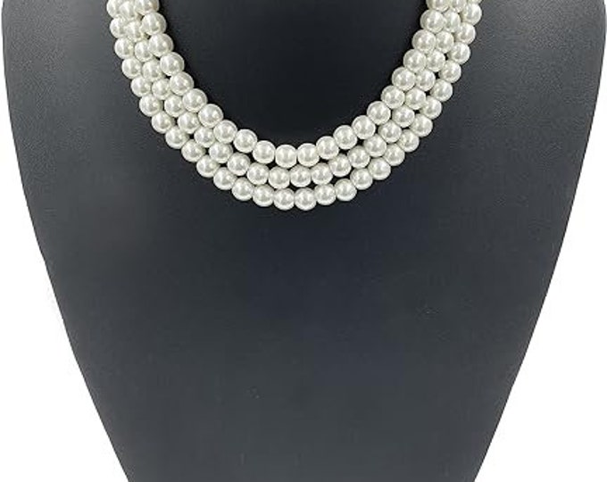 JBK Jewelry Pearl Necklace Short Triple Strand with Silver Clasp Jackie Kennedy Style