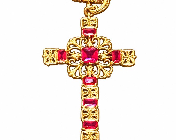 JBK Jewelry Cross Necklace Gold Plated with Simulated Rubies Jackie Kennedy Style by Camrose & Kross, July Birthstone