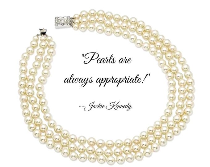 Jackie Kennedy Pearl Set, Triple Strand Necklace, Halo Earrings, Sterling Silver Clasp, June Birthstone