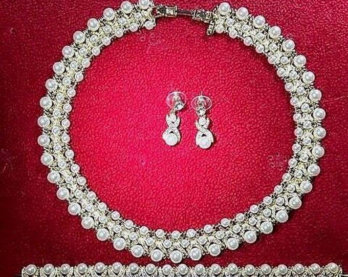 JBK White Pearl Jewelry Set: Necklace, Bracelet & Earrings - Jackie Kennedy Style