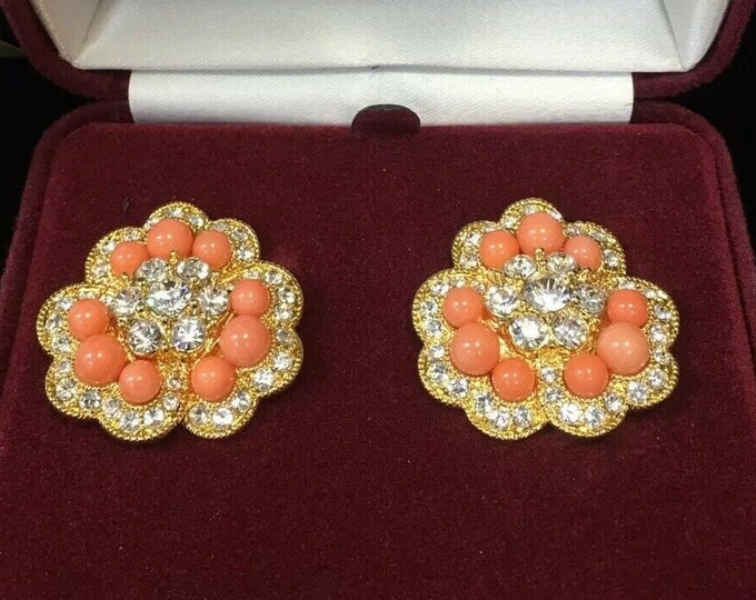 Jackie Kennedy JBK Coral and Gold Flower Clipon Earrings with Crystals by Camrose and Kross Anniversary Gift or Birthday Gift for Her - 483