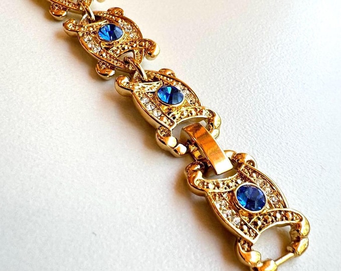 JBK Blue Bracelet Jacqueline Kennedy Gold and Blue Bracelet with Crystals by Camrose Kross Gift for Her Birthday  or Anniversary - 712abr