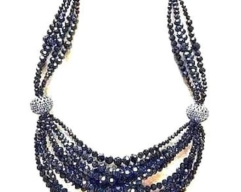 Black Glass Necklace with Faceted Beads Jackie Kennedy Style by Camrose and Kross JBK Multi Strand Beaded Necklace Anniversary Gift for Her