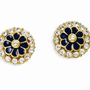 May include: A pair of gold tone earrings with a blue enamel flower design surrounded by clear rhinestones.