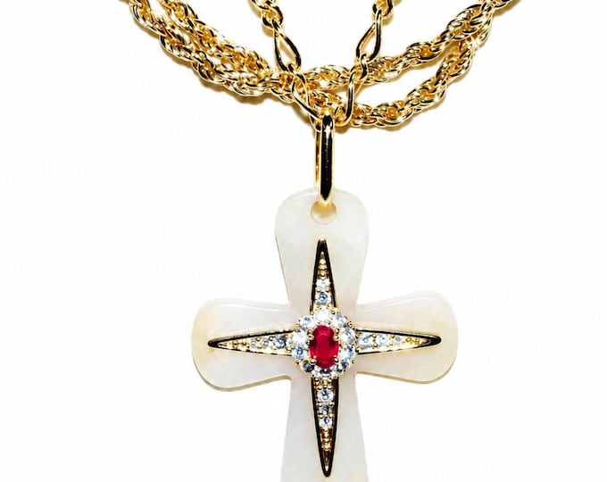 JBK Jewelry Gold Necklace with White Agate Gemstone Cross Pendant and Long Chain Jackie Kennedy Style by Camrose & Kross