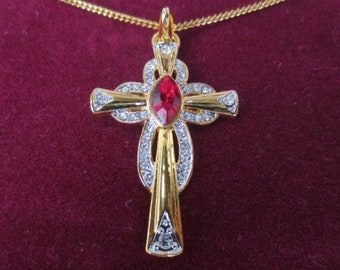 Jackie Kennedy Gold Cross Necklace with Red Stone by Camrose and Kross Gift for Wedding Anniversary or July Birthday or Gift for Her