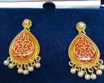 Jackie Kennedy Moroccan Earrings - Red Enamel with Pearls - Pierced 494