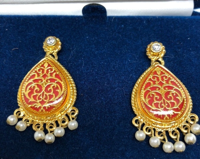 Camrose  Jackie Kennedy Red and Gold Dangle Pierced Earrings with Pearl Accents for Anniversary or Birthday Gift for Her - 494