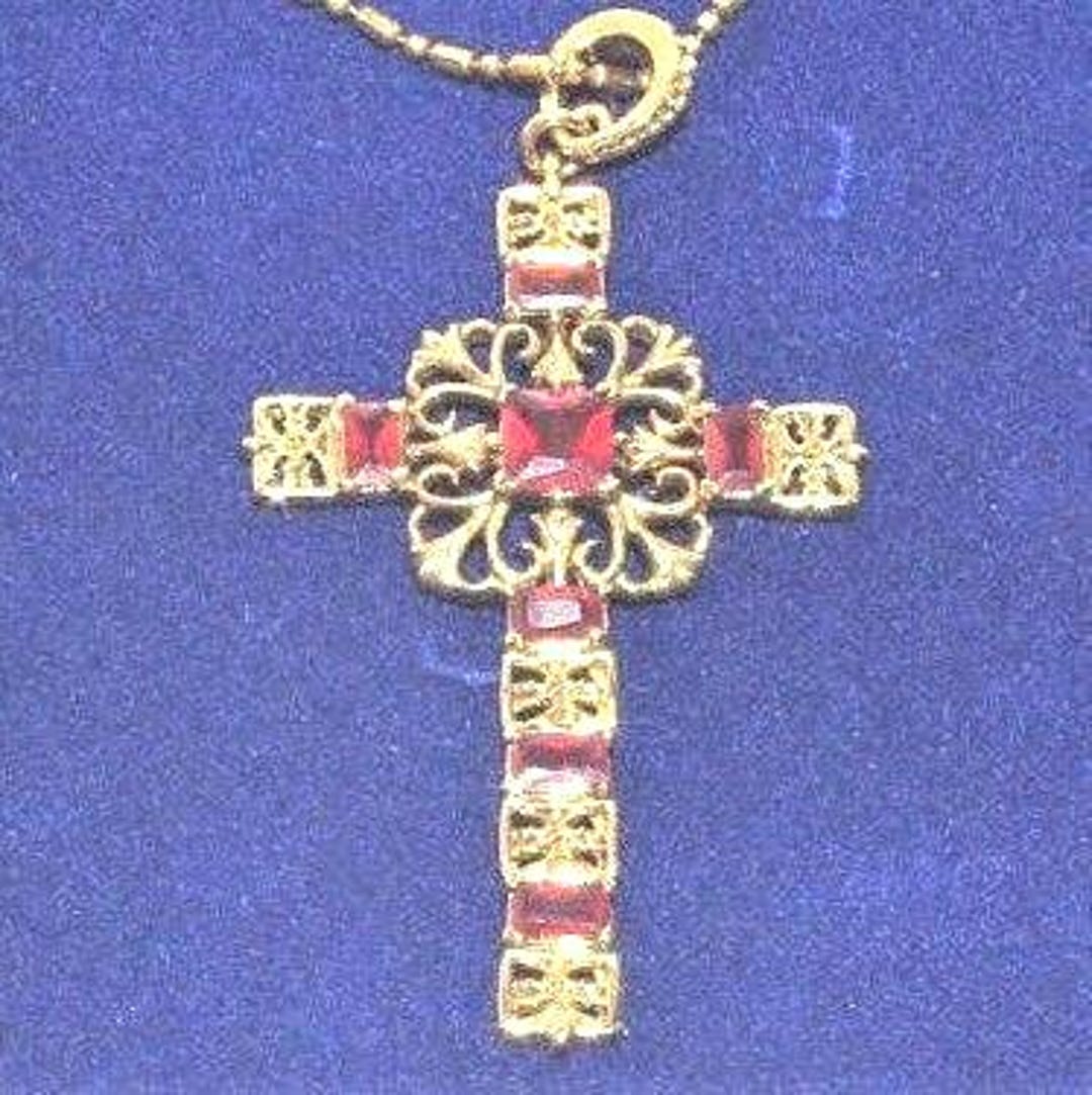 Red and Gold Cross Pendant Necklace With Simulated Rubies Jackie