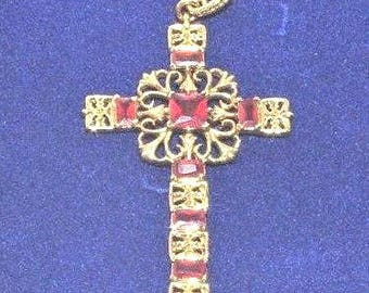 Red and Gold Cross Pendant Necklace with Simulated Rubies Jackie Kennedy JBK Style by Camrose and Kross for July Birthday Gift for Woman
