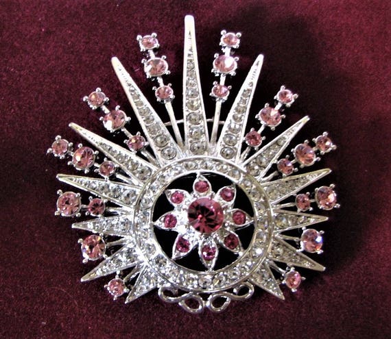 Pink Crystal Brooch in Silver Large Pin With Pink Stones From