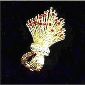 May include: A gold-toned brooch with a cluster of red rhinestones in the shape of a wheat sheaf.